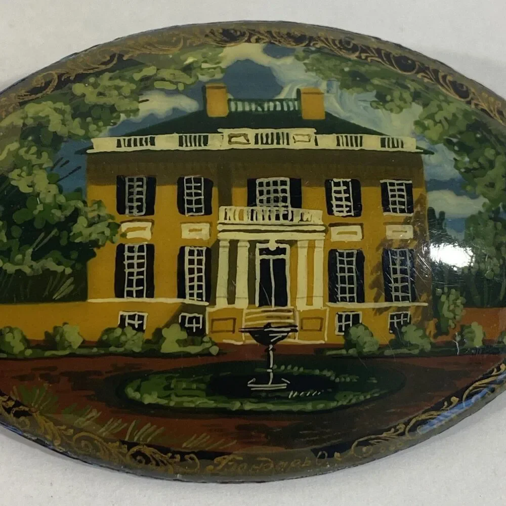 Vintage Handpainted Russian‎ Miniature Scene Landscape Brooch With House 2.5”